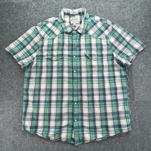 Lucky Brand Western Pearl Snap Button Shirt Mens XL Green Plaid Linen Blend